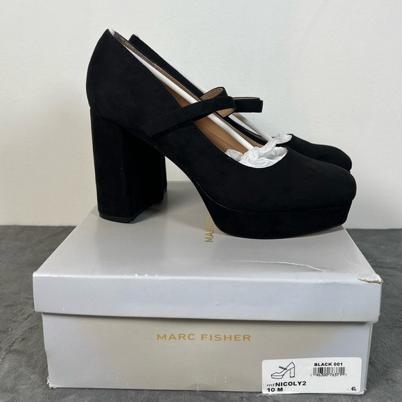 Marc Fisher Nicoly Square Toe Maryjane's w/velcro adjust ankle strap black suede - Picture 1 of 9